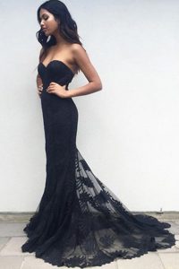 Sumptuous Mermaid Sleeveless Lace Sweep Train Zipper Prom Dresses in Black with Lace