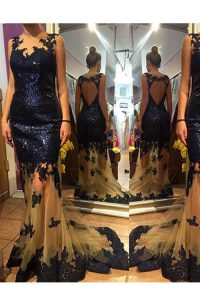 Sequins Scalloped Sleeveless Brush Train Backless Prom Dresses Navy Blue Organza and Sequined