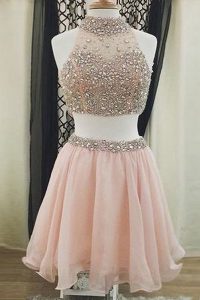 Best Peach Prom Gown Prom and Party and For with Beading Halter Top Sleeveless Zipper