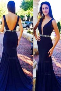 Suitable Navy Blue Sleeveless Elastic Woven Satin Sweep Train Backless Prom Party Dress for Prom and Party