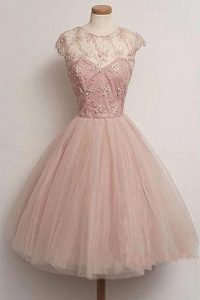 Cheap Scoop Pink Cap Sleeves Appliques Knee Length Dress for Prom