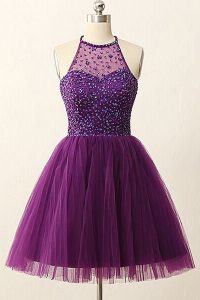 Chic Purple A-line Scoop Sleeveless Tulle Mini Length Zipper Sequins Prom Evening Gown