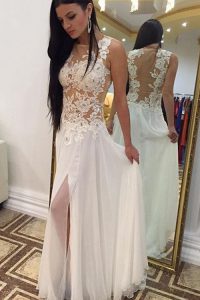 Perfect Chiffon Bateau Sleeveless Zipper Beading and Lace Prom Party Dress in White