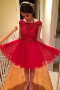 Red A-line Beading Prom Gown Zipper Tulle Cap Sleeves Knee Length