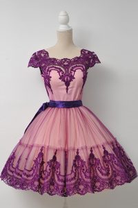 Lovely Purple Cap Sleeves Mini Length Belt Zipper Prom Evening Gown