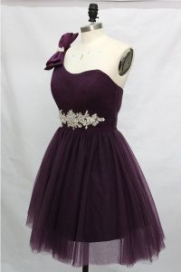 One Shoulder Sleeveless Tulle Knee Length Lace Up Homecoming Dress in Purple with Beading