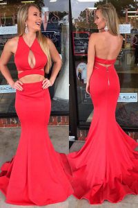 Glittering Mermaid Ruching Prom Party Dress Red Backless Sleeveless Sweep Train