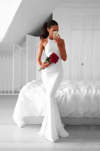 Best Sweep Train Mermaid Prom Evening Gown White Halter Top Chiffon Sleeveless Backless