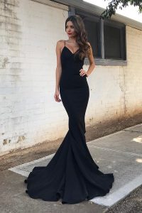 Mermaid Black Elastic Woven Satin Zipper Spaghetti Straps Sleeveless With Train Prom Evening Gown Sweep Train Ruching