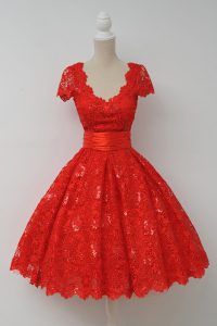 Trendy Scalloped Knee Length Red Lace Cap Sleeves Sashes ribbons