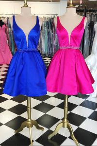 Colorful Satin V-neck Sleeveless Zipper Belt Prom Dress in Royal Blue