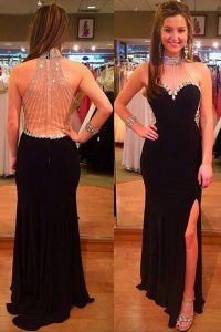 Classical Halter Top Sleeveless Floor Length Beading Zipper Dress for Prom with Black