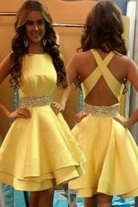 High Class Satin Scoop Sleeveless Criss Cross Beading Homecoming Dress in Yellow