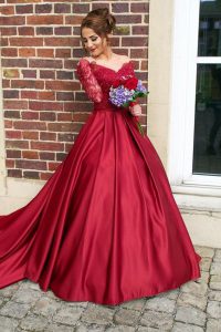 Off the Shoulder With Train Zipper Homecoming Dress Burgundy for Prom with Appliques Sweep Train