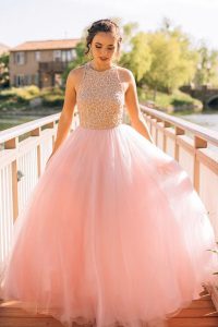 Flare Pink Scoop Neckline Beading Prom Dresses Sleeveless Zipper