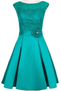 Nice Scoop Lace Knee Length A-line Cap Sleeves Teal Prom Gown Zipper