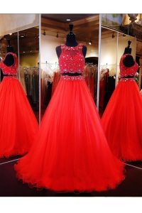 Enchanting Scoop Coral Red A-line Beading Prom Gown Zipper Organza Sleeveless Floor Length