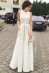 Top Selling Pleated A-line Evening Dress White Scoop Lace Sleeveless Floor Length Zipper