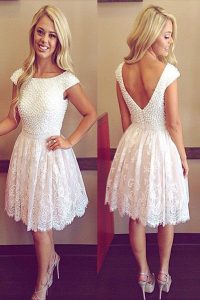Scoop Lace Cap Sleeves Knee Length Prom Evening Gown and Lace