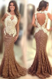 Mermaid Scoop Lace Backless Prom Evening Gown Brown for Prom and Party with Appliques Sweep Train