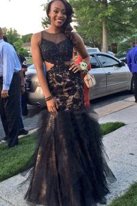 Hot Sale Mermaid Scoop Sleeveless Prom Party Dress Floor Length Beading and Lace Black Tulle