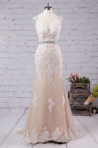 New Style Mermaid Champagne Prom Party Dress Prom and For with Beading and Appliques Scoop Sleeveless Sweep Train Backle