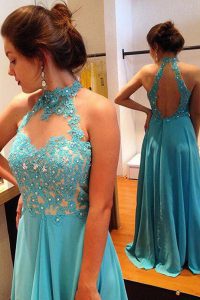 Suitable Scoop Blue Backless Prom Party Dress Beading and Appliques Sleeveless Sweep Train