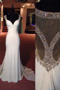 Fashion Mermaid Scoop Side Zipper Prom Gown White for Prom and Party with Beading Sweep Train