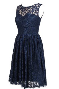Navy Blue A-line Scoop Sleeveless Lace Knee Length Zipper Hand Made Flower Dress for Prom