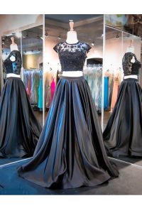 Hot Selling Brush Train Two Pieces Prom Party Dress Black Scoop Taffeta Sleeveless With Train Clasp Handle