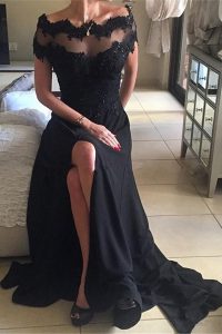 Dramatic Off the Shoulder Black Chiffon Backless Prom Dress Short Sleeves Sweep Train Beading and Lace