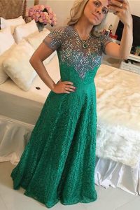 Suitable Lace Green Scoop Zipper Beading Prom Evening Gown Short Sleeves