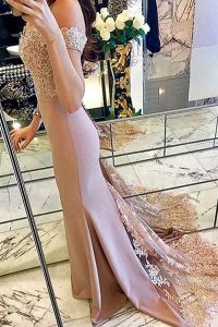 Glamorous Mermaid Off the Shoulder Short Sleeves Beading and Lace and Appliques Zipper Evening Dress with Pink Sweep Tra