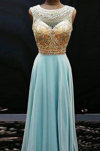Top Selling Scoop Aqua Blue Sleeveless Chiffon Side Zipper Dress for Prom for Prom and Party