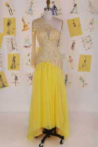Sophisticated Yellow Column/Sheath Organza One Shoulder Sleeveless Appliques High Low Side Zipper Prom Dress