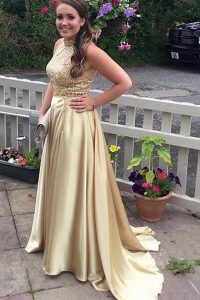 Beading Prom Party Dress Champagne Backless Sleeveless With Train Sweep Train
