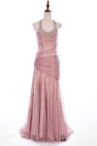 Traditional Halter Top With Train Side Zipper Prom Gown Pink for Prom and Party with Beading Brush Train