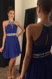 Pretty Scoop Royal Blue Sleeveless Mini Length Beading Zipper Prom Dress
