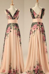 Champagne Sleeveless Chiffon Sweep Train Zipper Prom Evening Gown for Prom and Party
