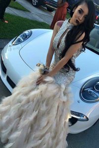 Customized Mermaid Champagne Zipper High-neck Beading Prom Evening Gown Sequined Sleeveless