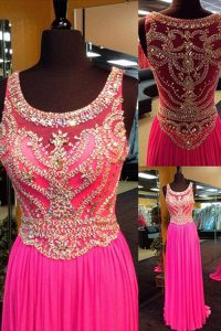 Hot Pink Side Zipper Scoop Beading Prom Dresses Elastic Woven Satin Sleeveless Brush Train