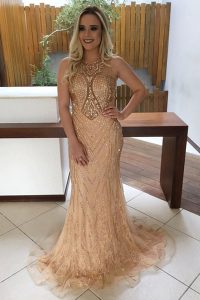 Great Mermaid Scoop Lace Champagne Sleeveless With Train Beading Backless Prom Party Dress