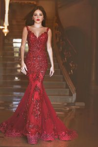 Mermaid Appliques and Sequins Dress for Prom Red Backless Sleeveless With Train Sweep Train