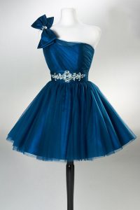 Teal A-line One Shoulder Sleeveless Tulle Mini Length Side Zipper Sashes ribbons and Ruching and Bowknot Prom Party Dres
