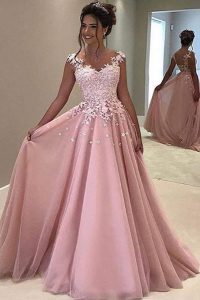 Glittering Pink Zipper Prom Dresses Appliques Sleeveless With Train Sweep Train