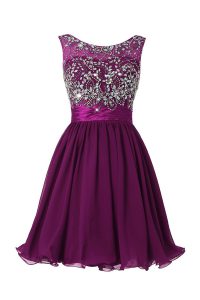 Scoop Knee Length Zipper Prom Dresses Purple for Prom and Party with Beading and Sashes ribbons