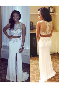 Scoop White Sleeveless Chiffon Sweep Train Zipper Homecoming Dress for Prom and Party