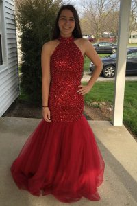 New Style Mermaid Sleeveless Floor Length Sequins Zipper Prom Dress with Red