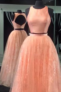 Peach Scoop Neckline Beading and Lace Prom Evening Gown Sleeveless Backless