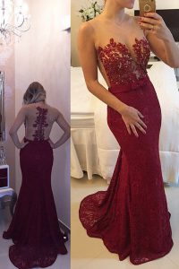 Eye-catching Mermaid Lace Burgundy Evening Dress Prom and Party and For with Beading and Appliques Scoop Sleeveless Swee